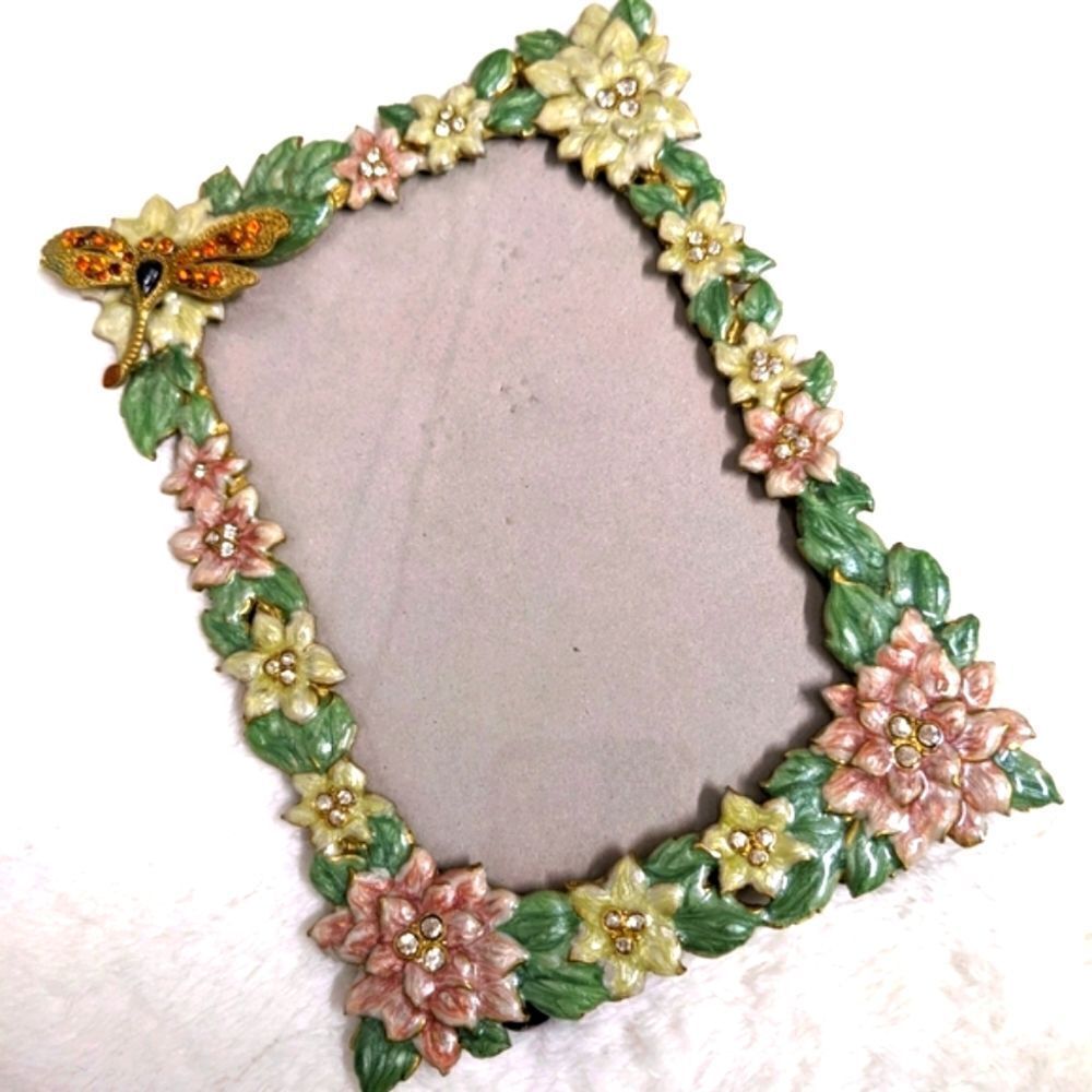 Vintage Enameled Floral Photo Frame w/ Dragonfly & Rhinestone Accents - Picture 2 of 9